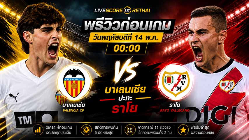 ดูบอลสด ถ่ายทอดสด ฟุตบอล ลา ลีกา สเปน : บาเลนเซีย -vs- ราโย่ บาเยกาโน่  วันพฤหัสบดี ที่ 14 พฤษภาคม 2569  เวลา 00:00 น.
