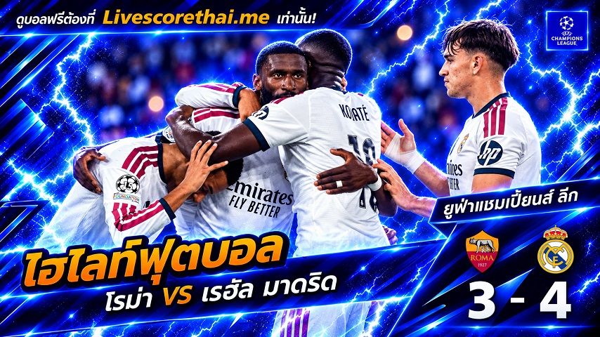 ไฮไลท์ฟุตบอล ยูฟ่าแชมเปียนส์ ลีก Livescorethai.me วันที่ 14 ต.ค. 2569 : โรม่า 3-4 เรอัล มาดริด